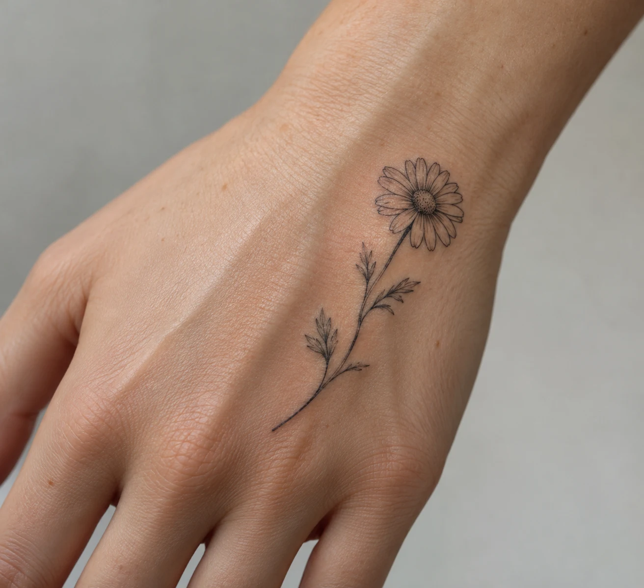Fine-line daisy sprig tattoo with a slender curved stem on the back of a hand.