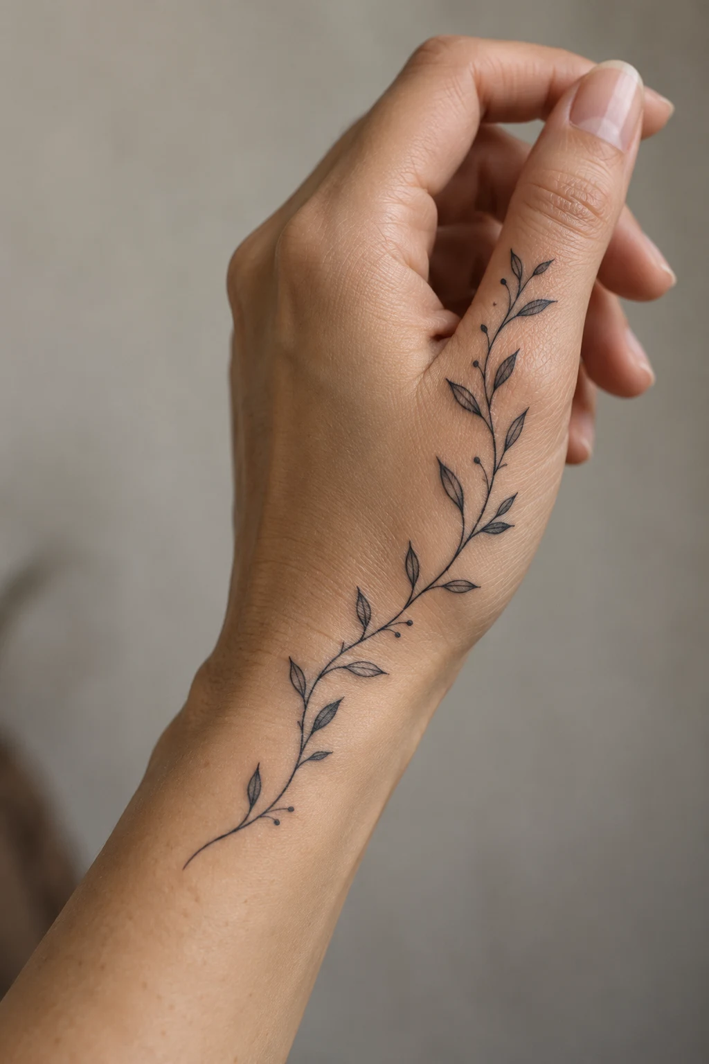 Delicate black leafy vine tattoo curving along the thumb side of a hand toward the wrist.
