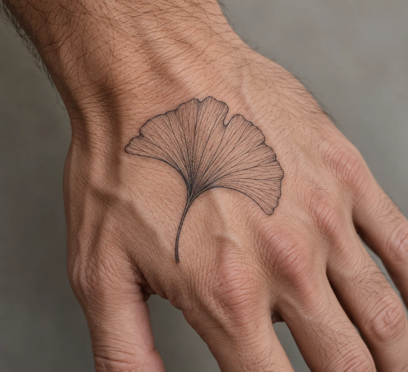 Single fan-shaped ginkgo leaf tattoo with fine black veins on the back of a man's hand.