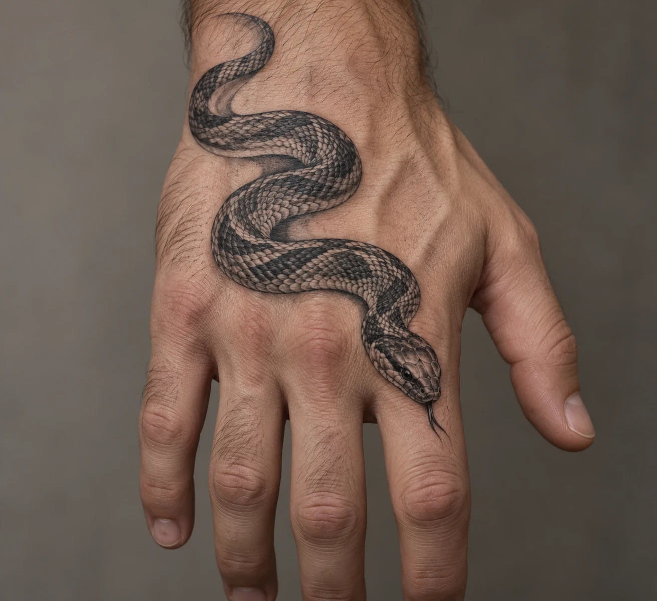 Black and grey snake tattoo forming a loose S across the back of a man's hand.