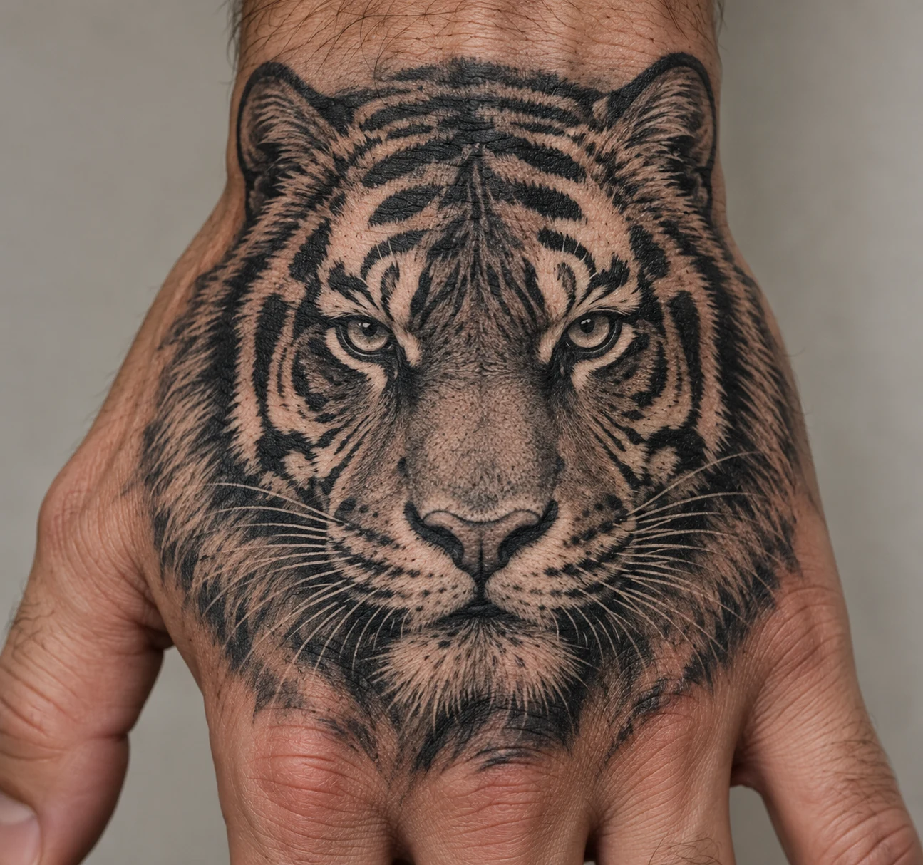 Frontal tiger face tattoo with bold black stripes and grey shading on a man's hand.