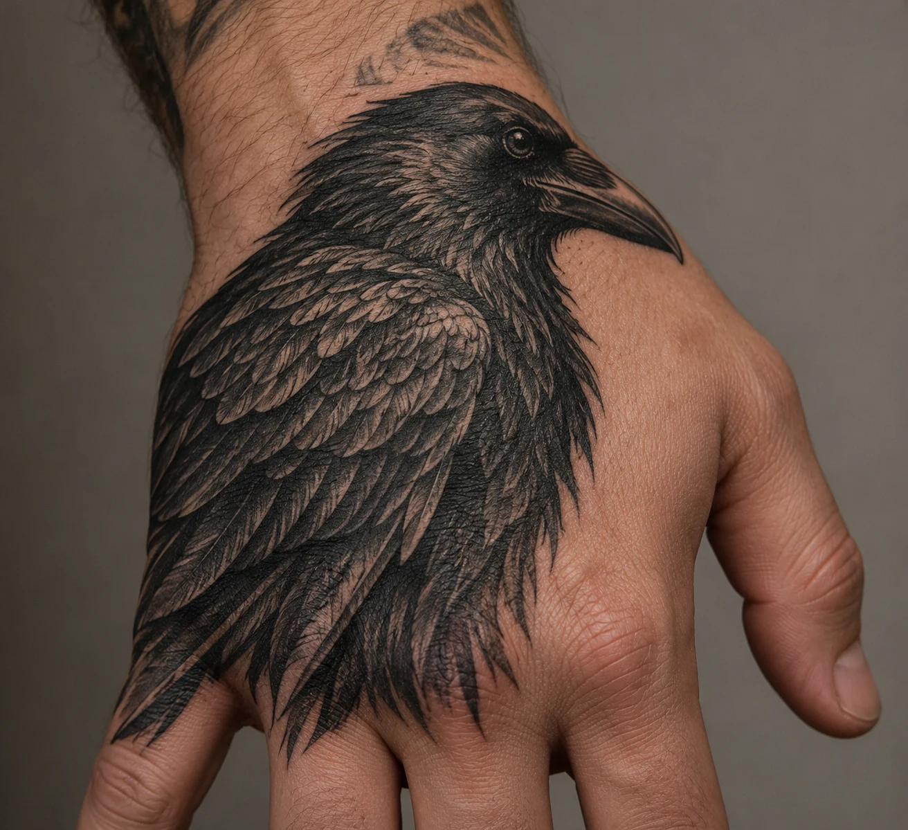 Raven profile tattoo with a dark body and defined feather shapes on the back of a man's hand.