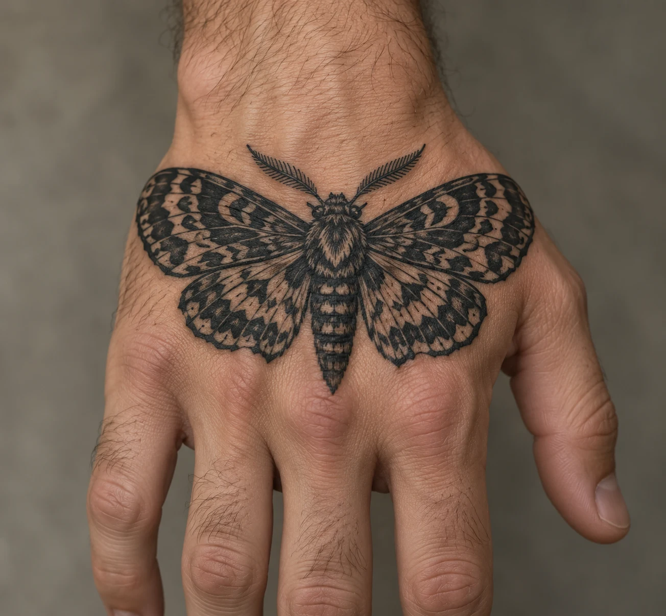 Blackwork moth tattoo with spread patterned wings centered on the back of a man's hand.