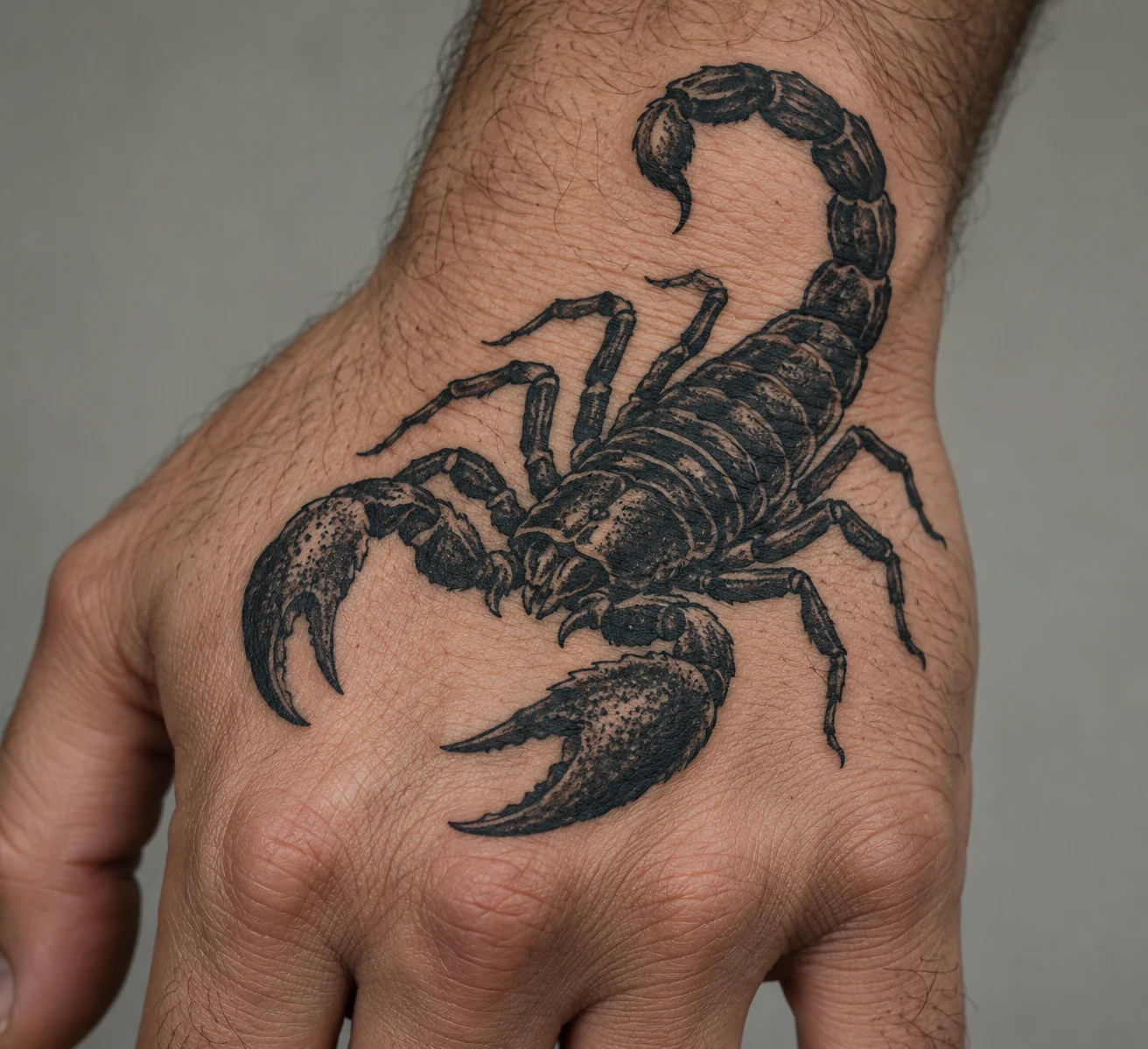 Black scorpion tattoo with separated claws and a curved segmented tail on a man's hand.