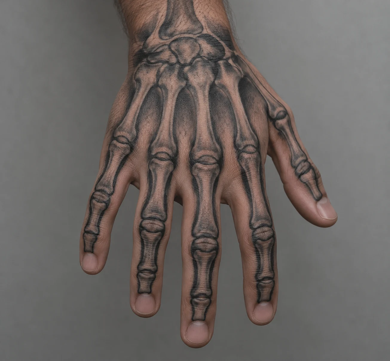 Black and grey skeleton hand tattoo with bone forms aligned across a man's hand and fingers.