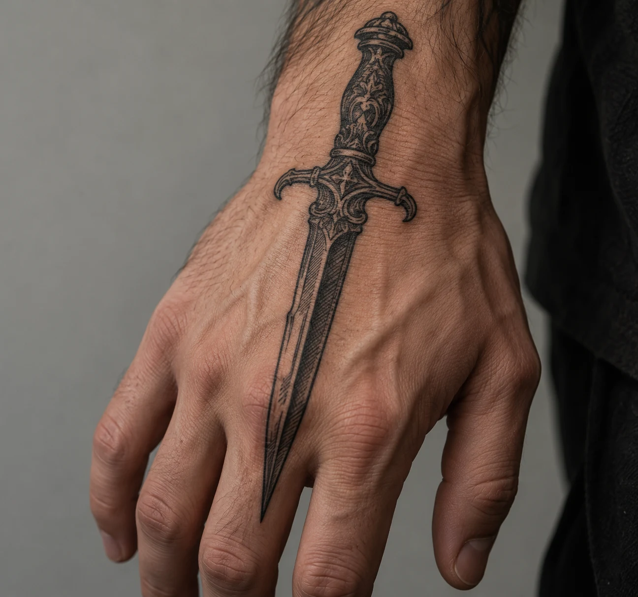 Engraved-style black dagger tattoo running lengthwise along a man's hand with its handle near the wrist.