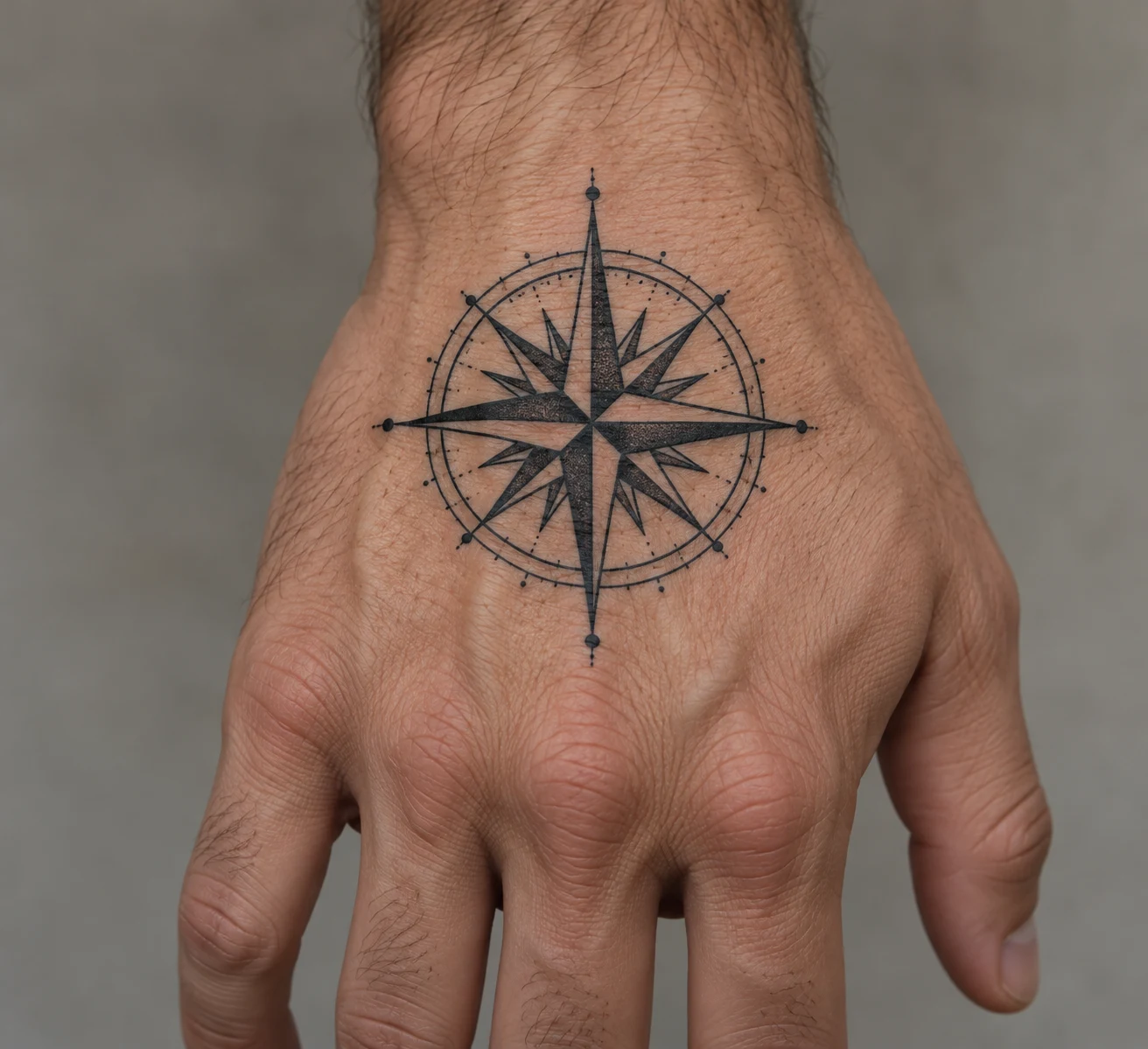 Black compass rose tattoo with alternating long and short points centered on a man's hand.