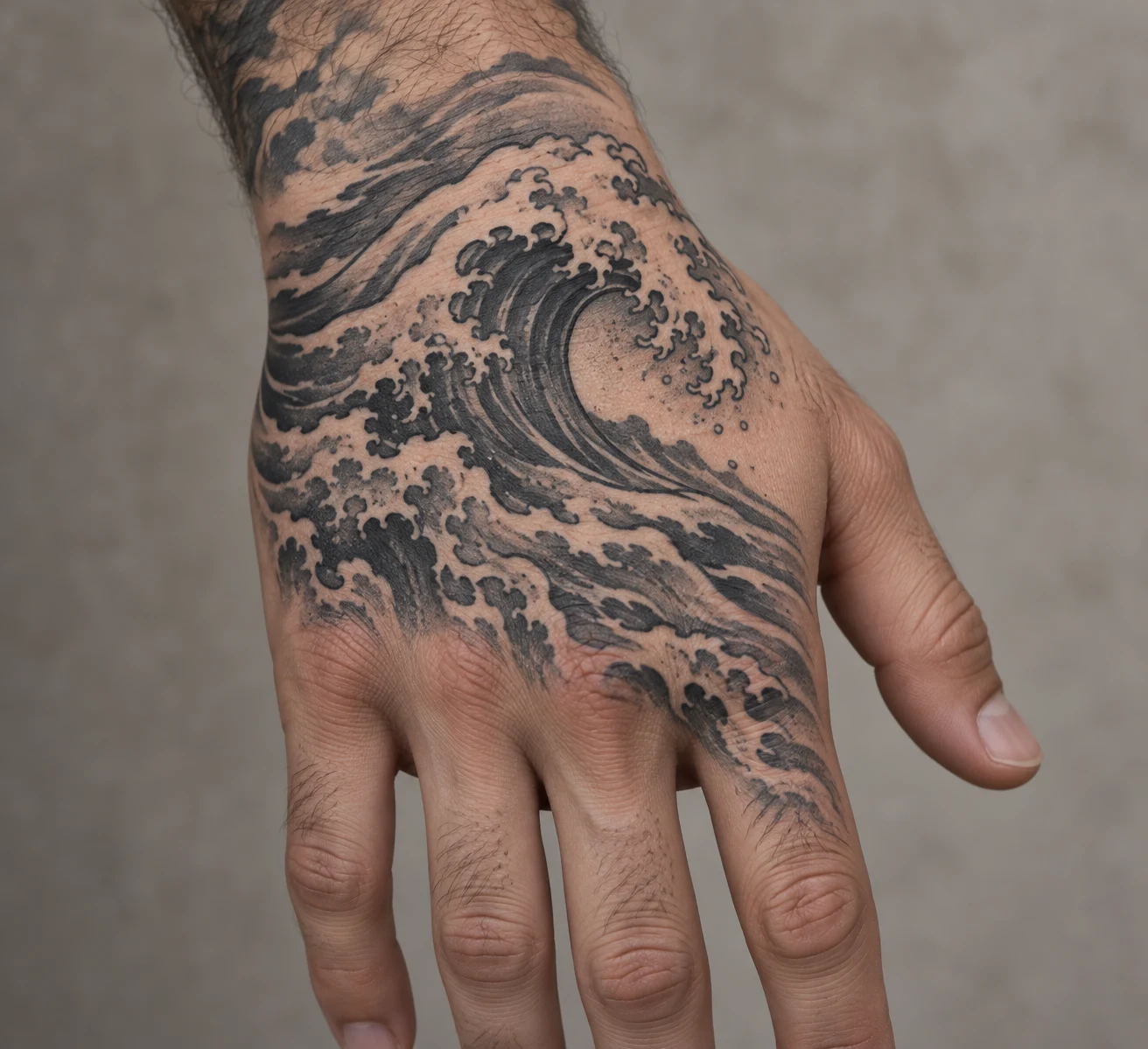 Black and grey breaking wave tattoo with open foam shapes across the back of a man's hand.