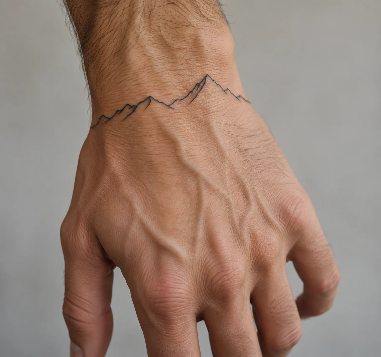 Single-line mountain ridge tattoo across the lower back of a man's hand.
