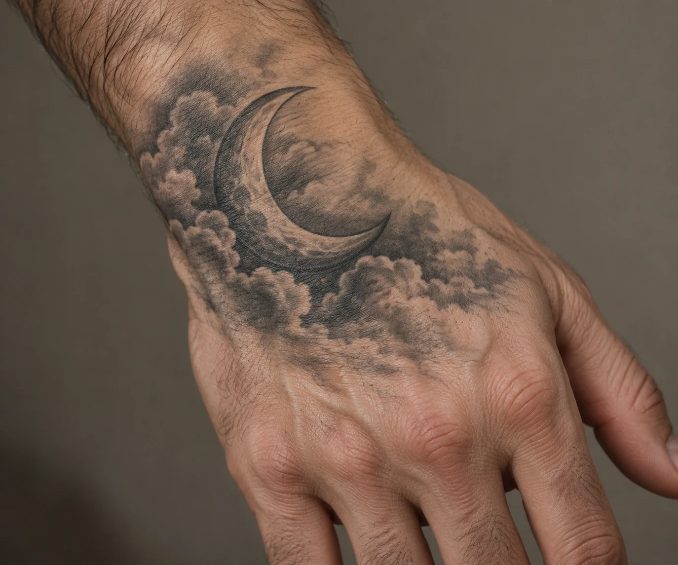 Crescent moon tattoo framed by softly shaded grey clouds on the back of a man's hand.