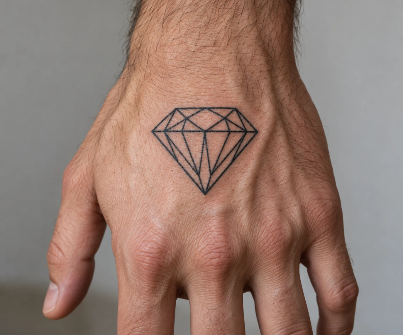 Geometric diamond outline tattoo with open facets centered on the back of a man's hand.
