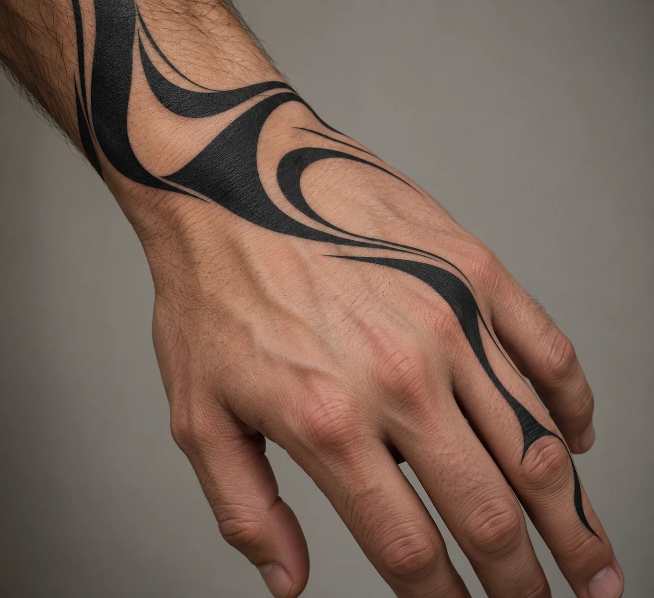 Abstract curved blackwork tattoo sweeping from a man's wrist toward the index knuckle with open skin.