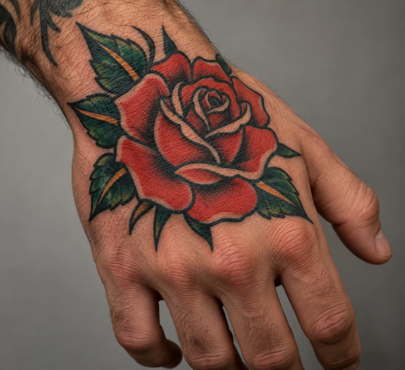Traditional red rose tattoo with bold black outlines and green leaves on a man's hand.