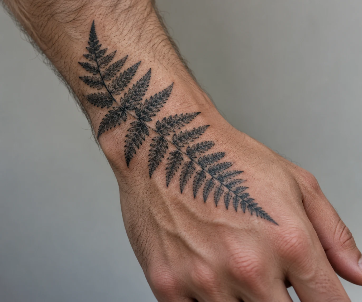 Black fern frond tattoo extending diagonally from a man's wrist onto the back of his hand.