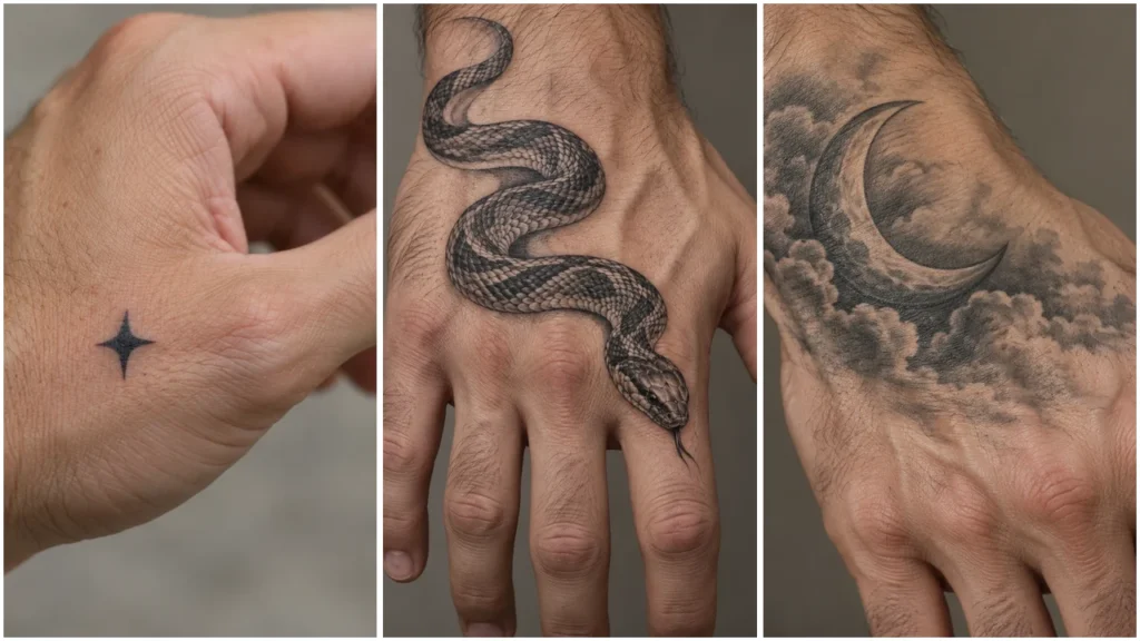 Hand tattoos for men: small black star, traditional red rose, and black and grey tiger face concepts with white dividers.