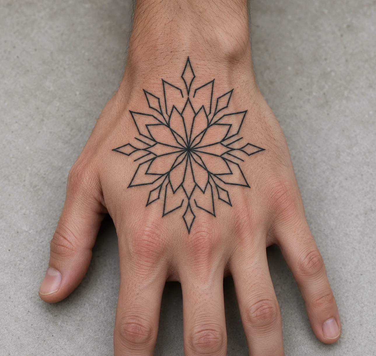 Symmetrical geometric rosette tattoo with angular petals and open spacing on the back of a hand.
