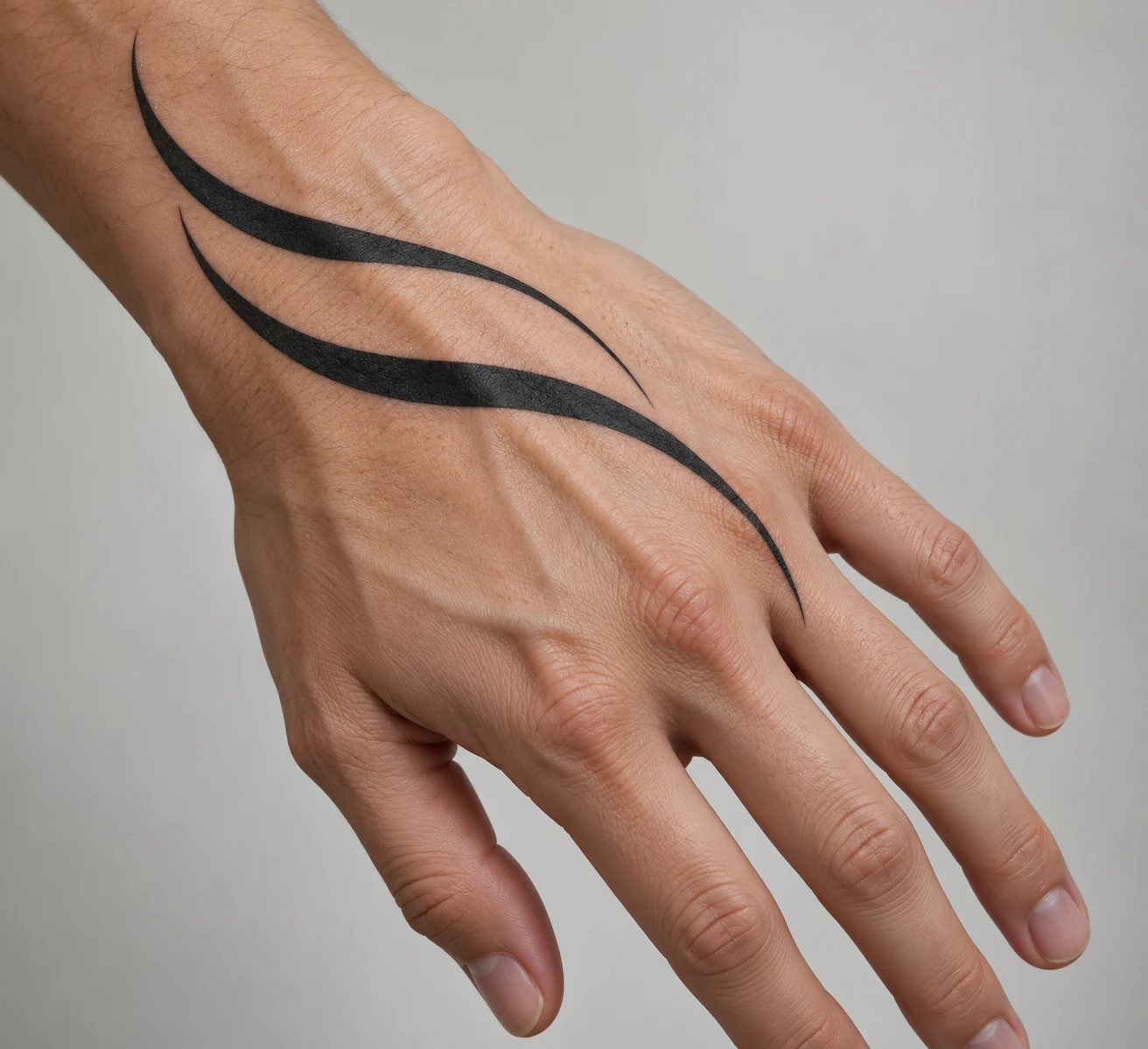 Two tapering black ribbon curves tattooed diagonally across the hand with open skin between them.