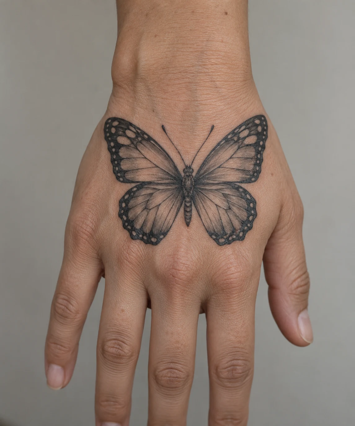 Black-and-grey butterfly tattoo with open symmetrical wings across the back of a hand.