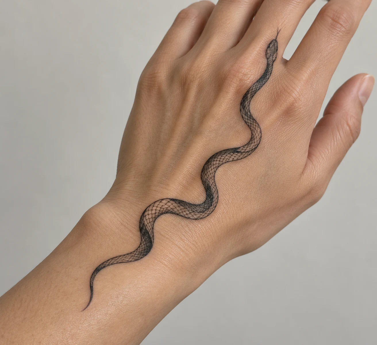 Slender black snake tattoo curving in an S shape from the wrist toward the index-finger base.