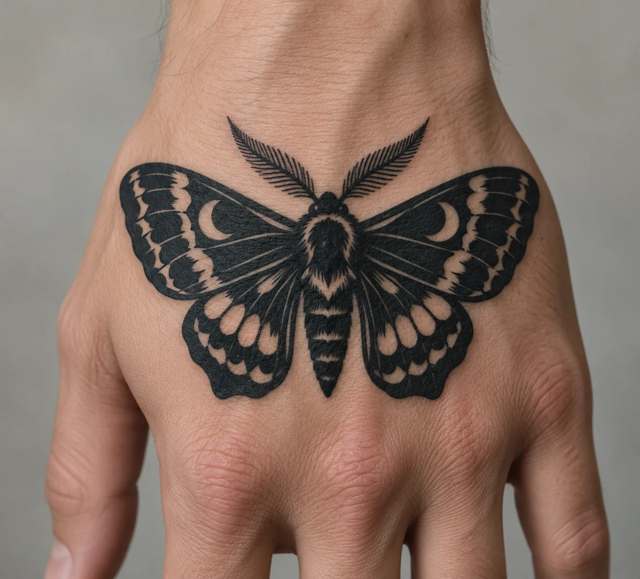 Bold black moth tattoo with broad upper wings and small open markings on the back of a hand.