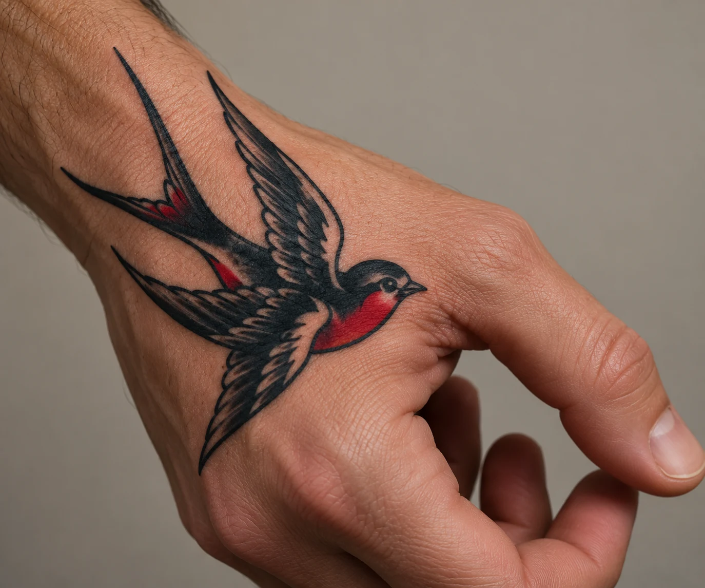 Swallow tattoo in flight with bold black wings and red accents near the thumb side of a hand.