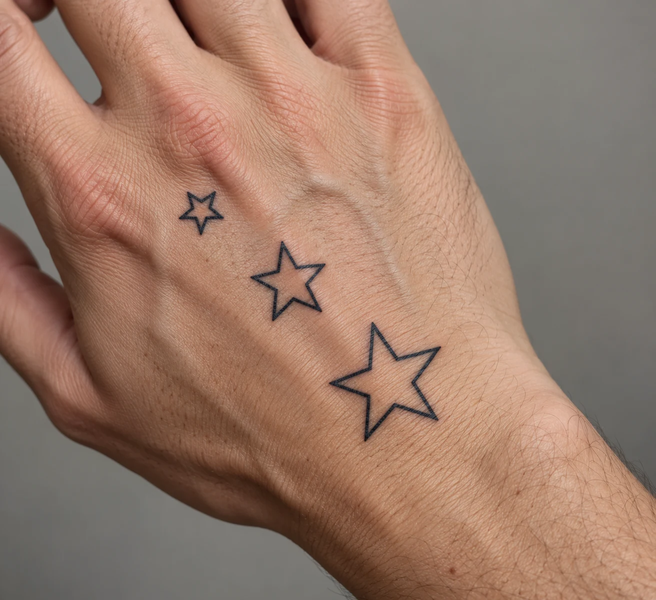 Three outlined star tattoos increasing in size diagonally across the back of a hand.