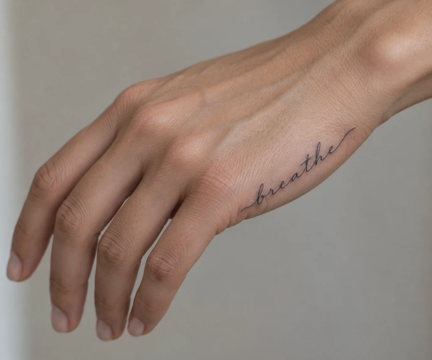 Short handwritten word tattoo in fine black script along the outer back of a hand.