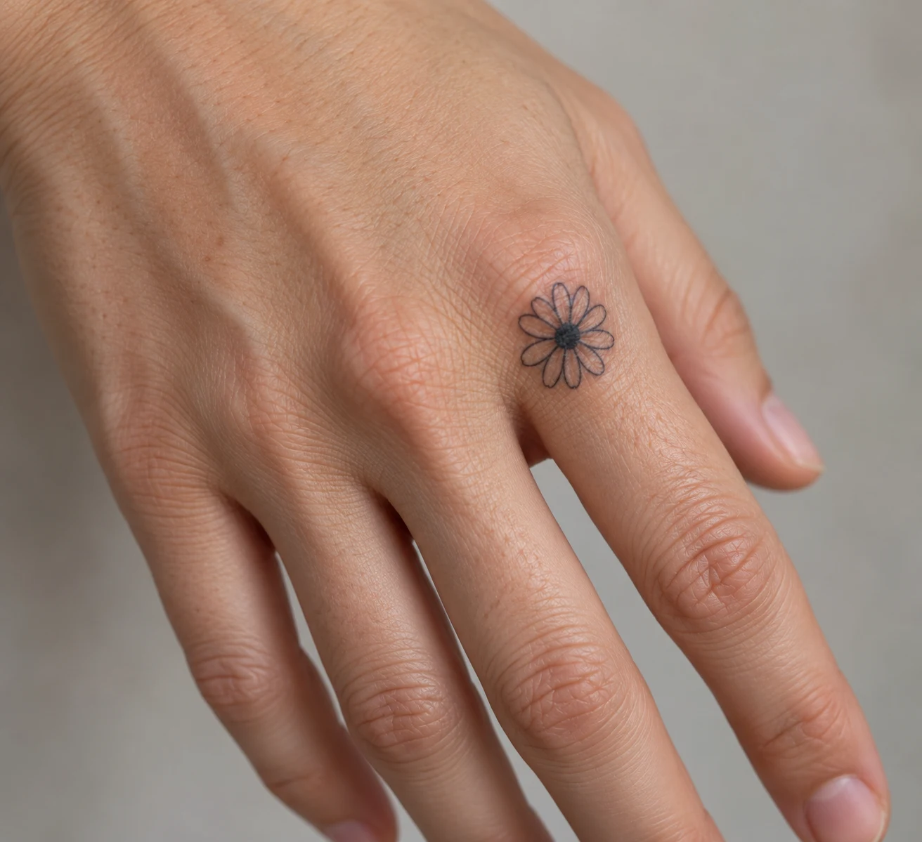 Small daisy tattoo with outlined petals and a dark center below the index knuckle.