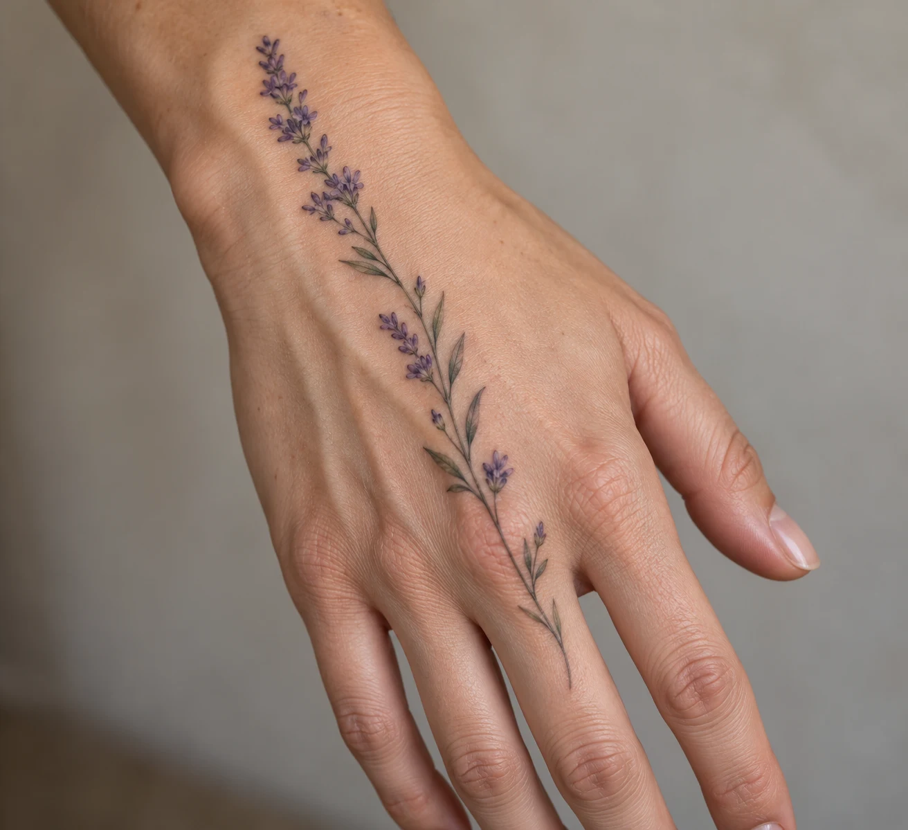 Slender lavender sprig tattoo with muted purple blossoms along the back of a hand.
