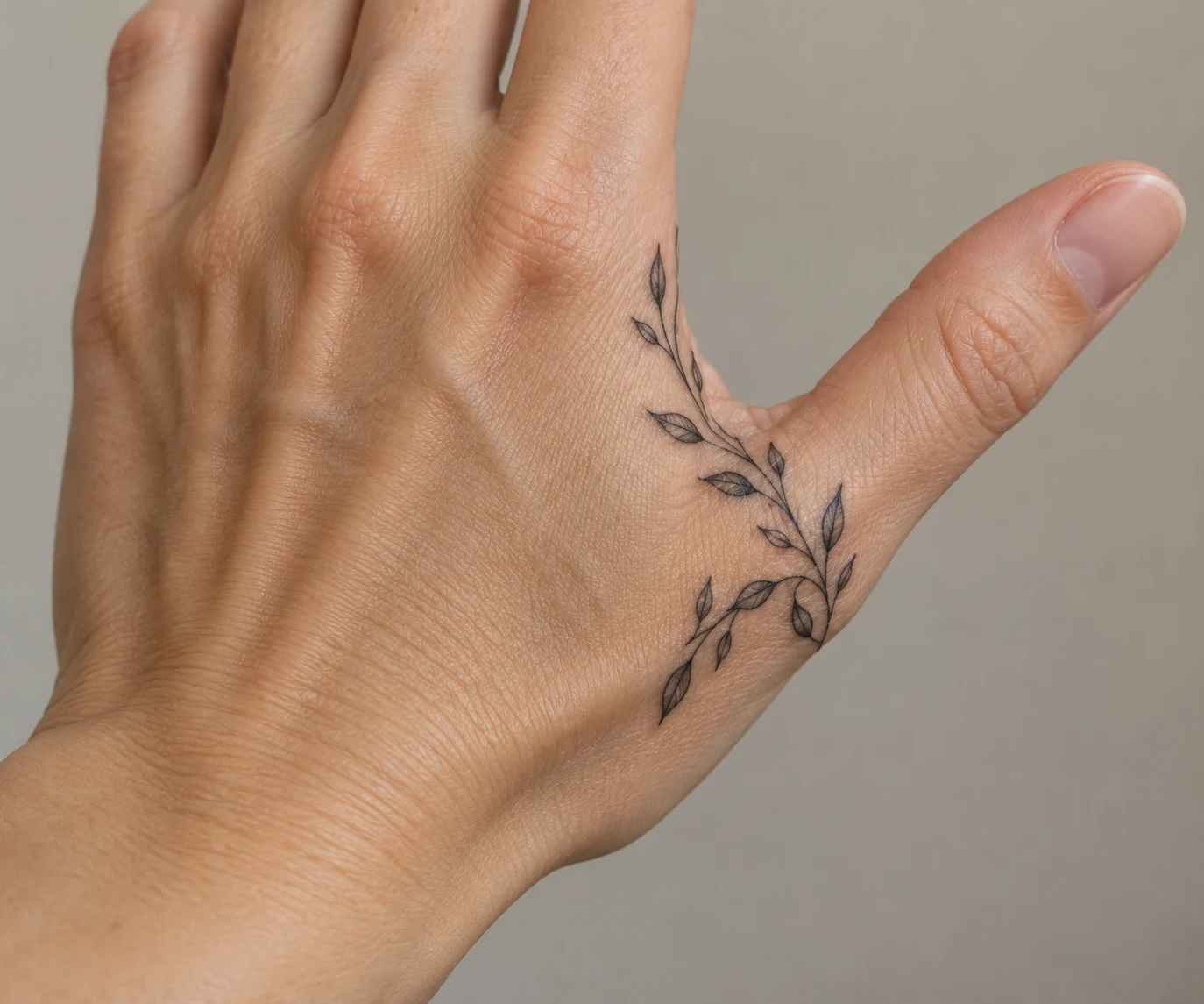 Fine black leafy vine tattoo curving around the thumb base on the back of a hand.