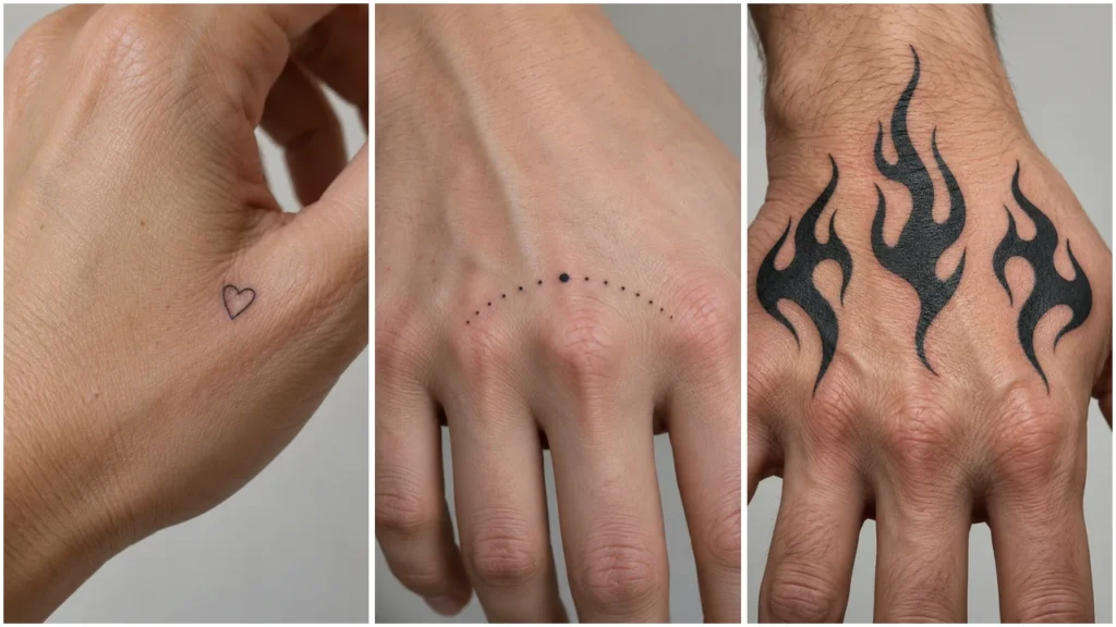 Three hand tattoo concepts: a fine-line rose, flowing black ribbon curves and a black-and-grey butterfly.