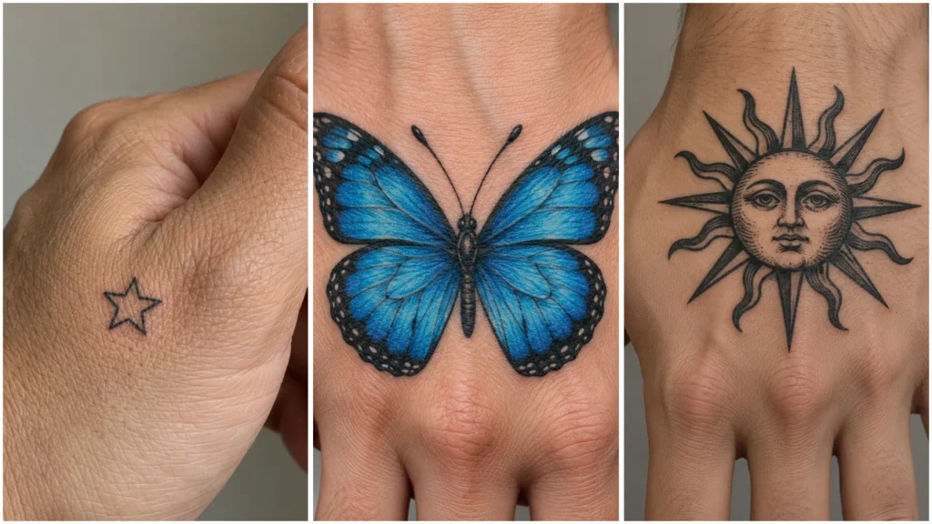 Three hand tattoo concepts: a black cross, a red rose with green leaves, and skeleton bones extending onto the fingers.