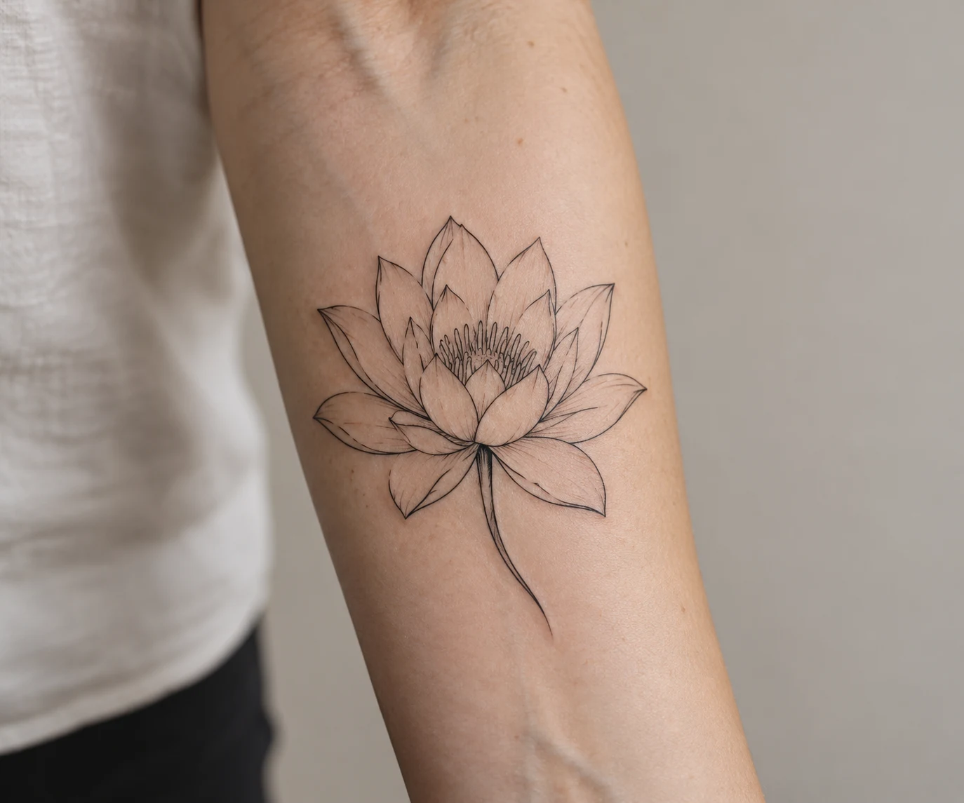 Open water lily tattoo with sparse black outlines and clearly separated petals on the inner forearm.