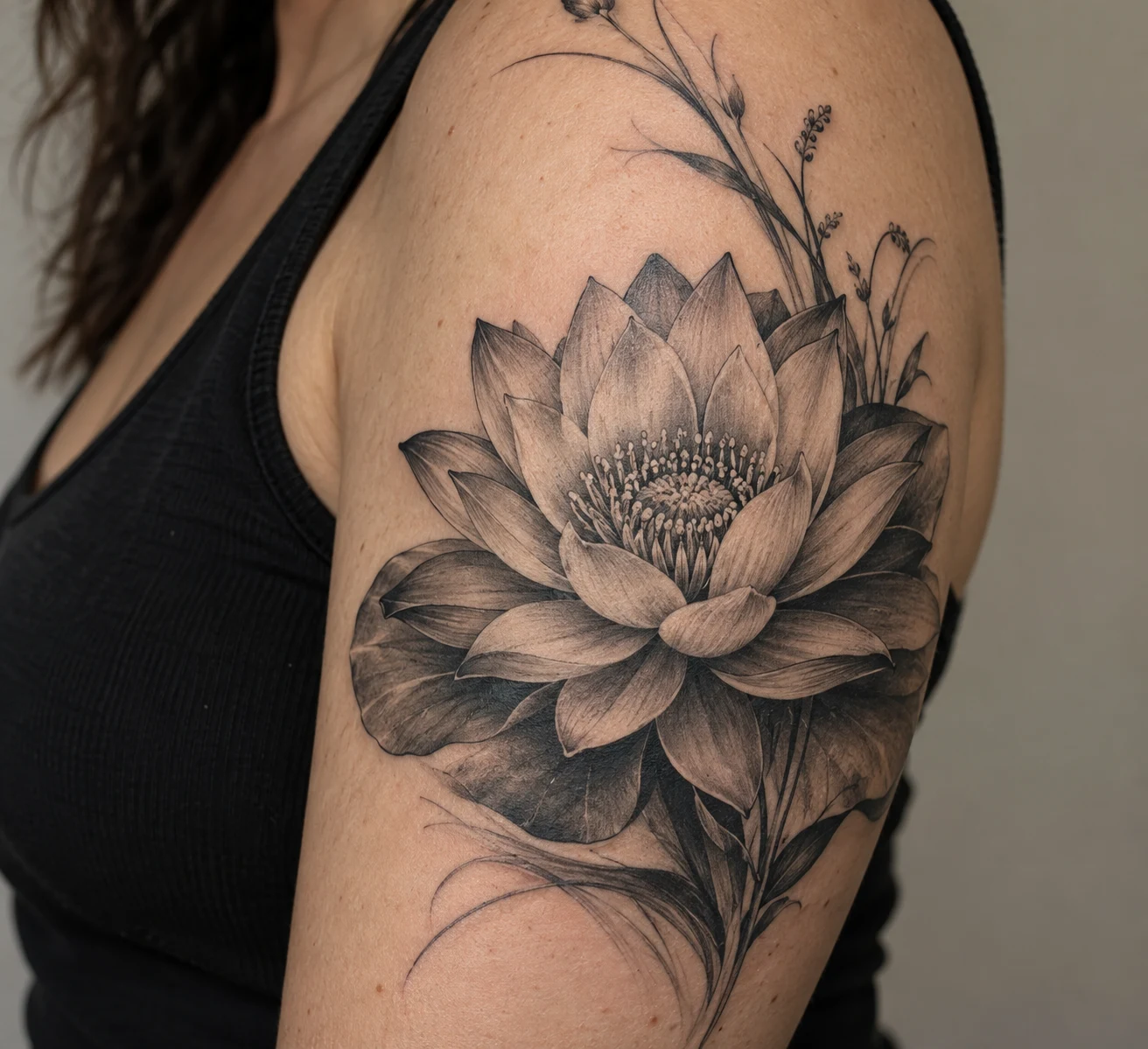 Black and grey botanical water lily tattoo with layered petals and a visible center on the upper arm.