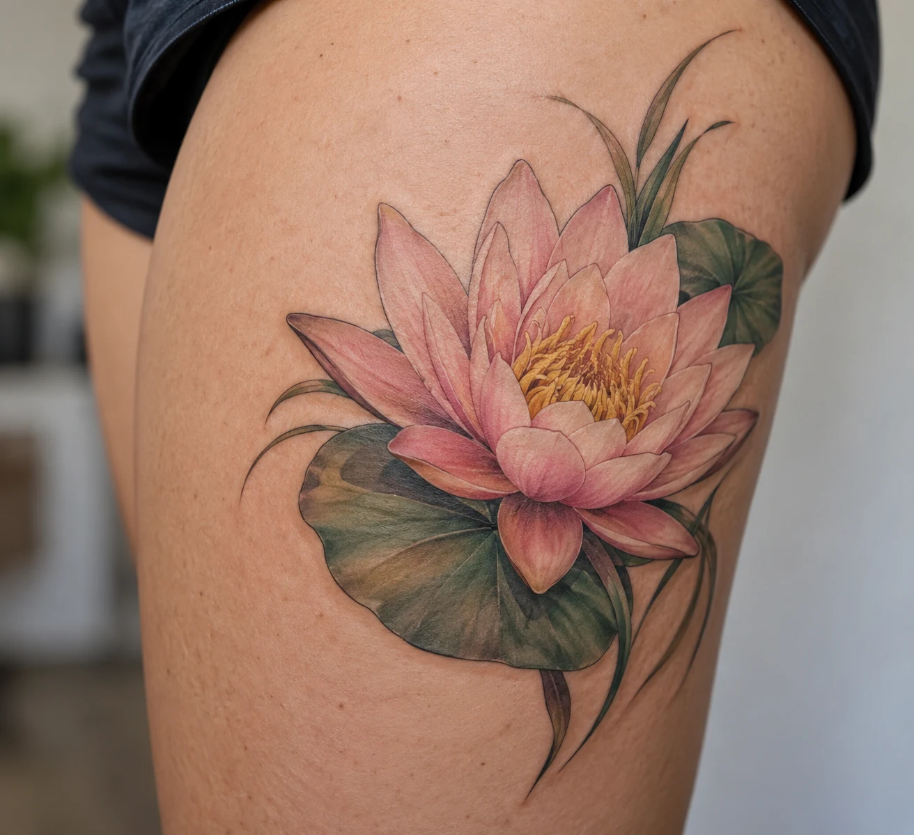 Pink water lily tattoo with a yellow center and gently shaded petals on the outer thigh.