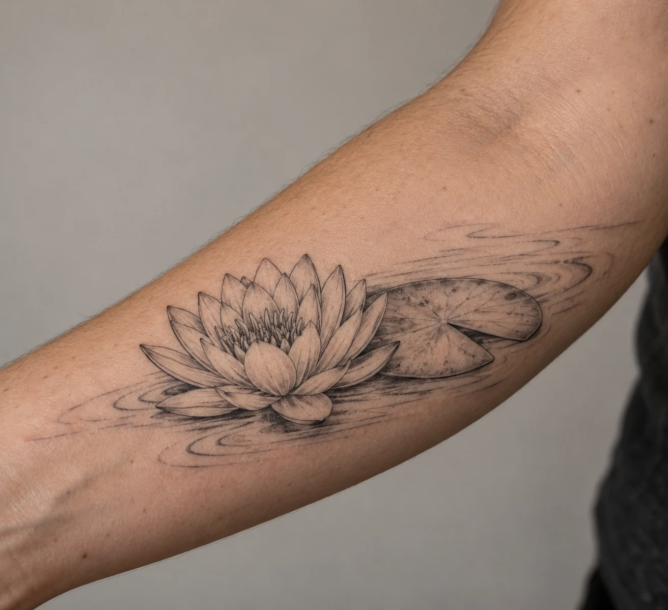 Water lily tattoo beside a notched lily pad with simple water ripples across the outer forearm.