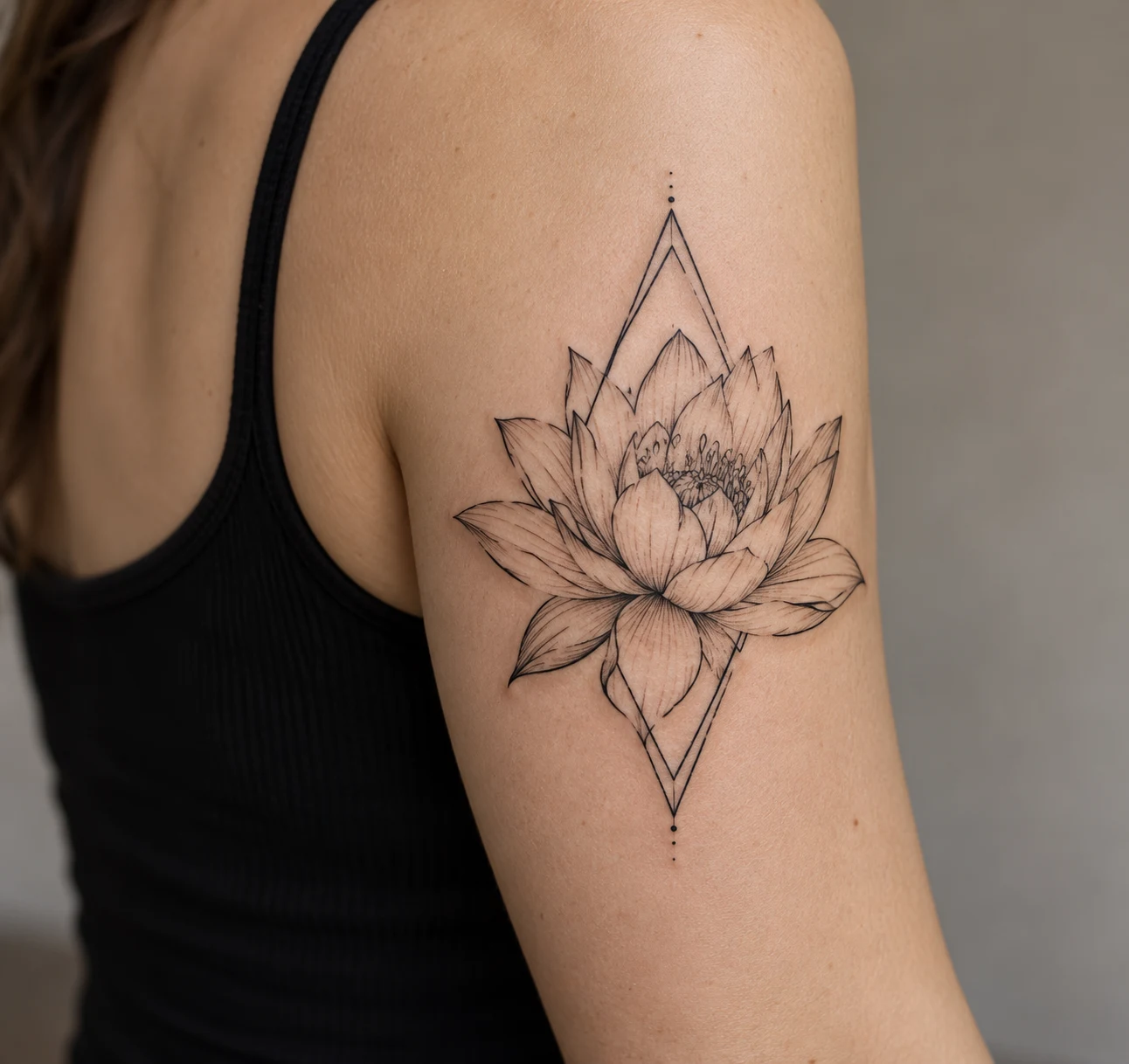 Black linework water lily tattoo overlapping a thin diamond frame on the back of the upper arm.