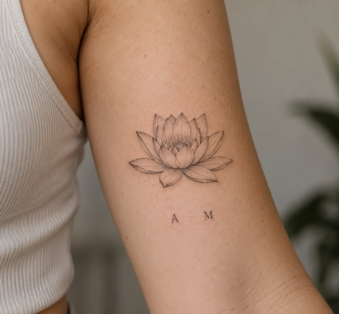 Fine line water lily tattoo above two small initials with generous spacing on the inner upper arm.
