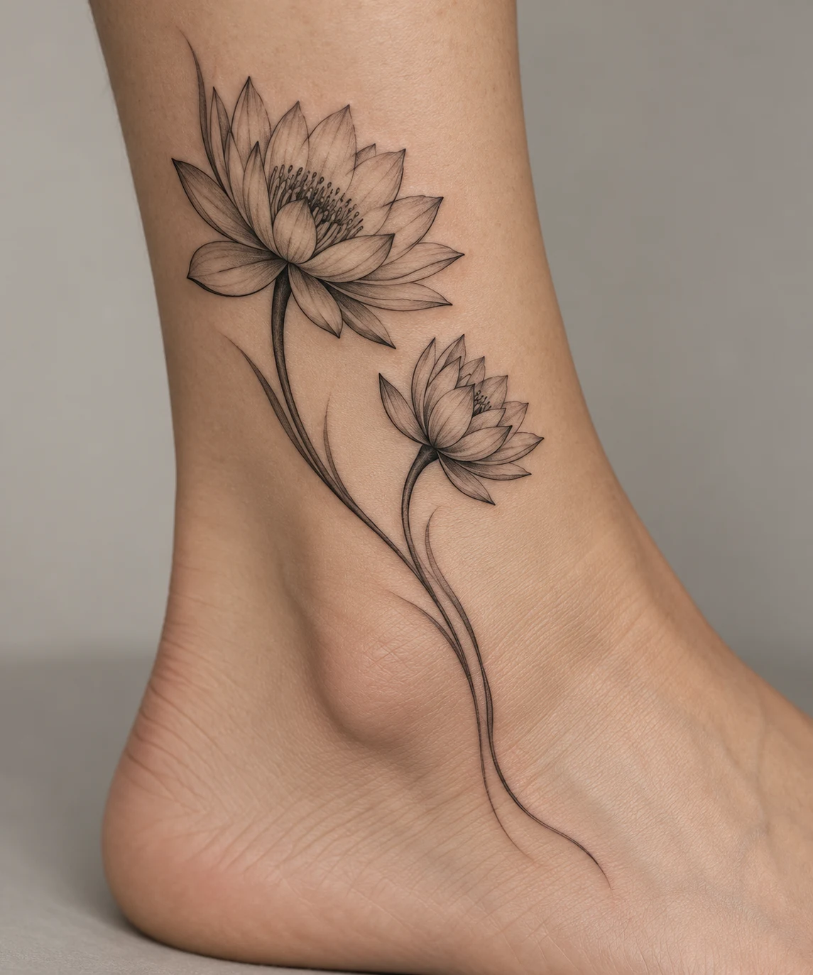 Two black and grey water lily blooms in different sizes curving above the outer ankle.
