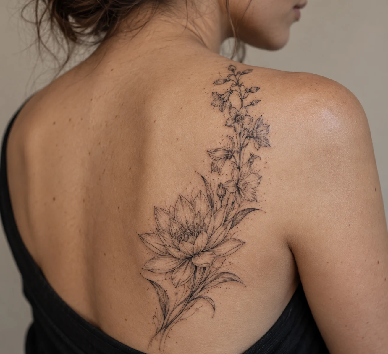 Water lily bloom beneath an upright larkspur spray in fine line botanical style on the shoulder blade.