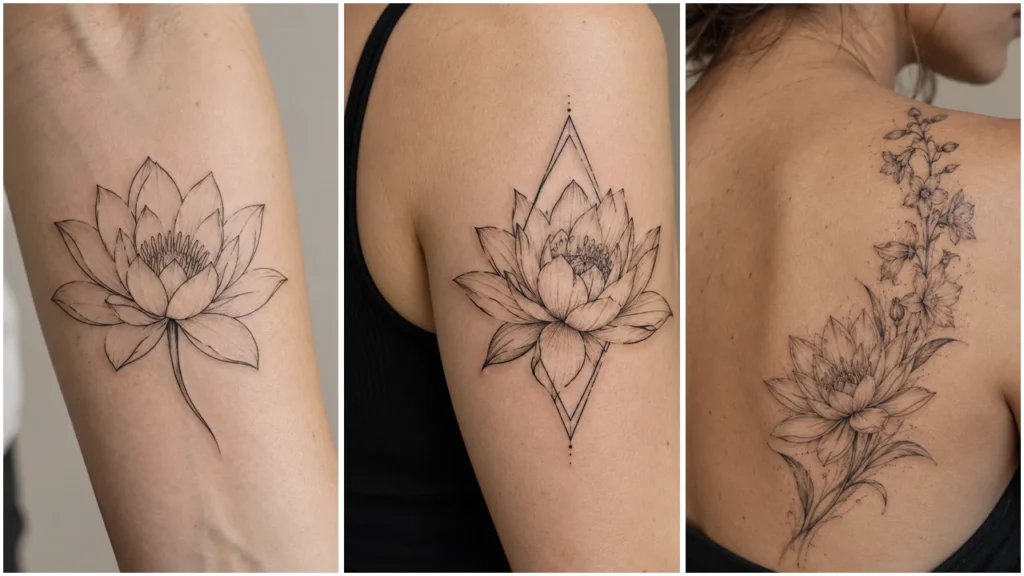 Three july birth flower water lily tattoo design examples side by side.