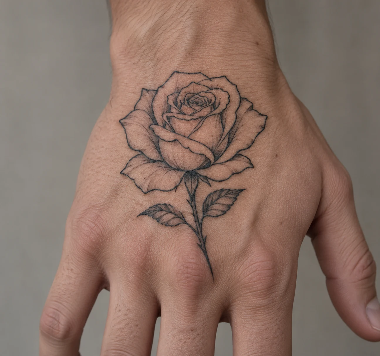 Single rose tattoo with clean outlines and open petals on the back of a hand.