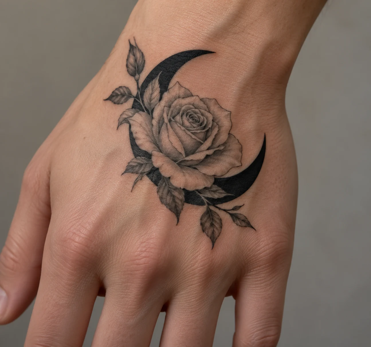 Lightly shaded rose tattoo overlapping a solid black crescent on the back of a hand.