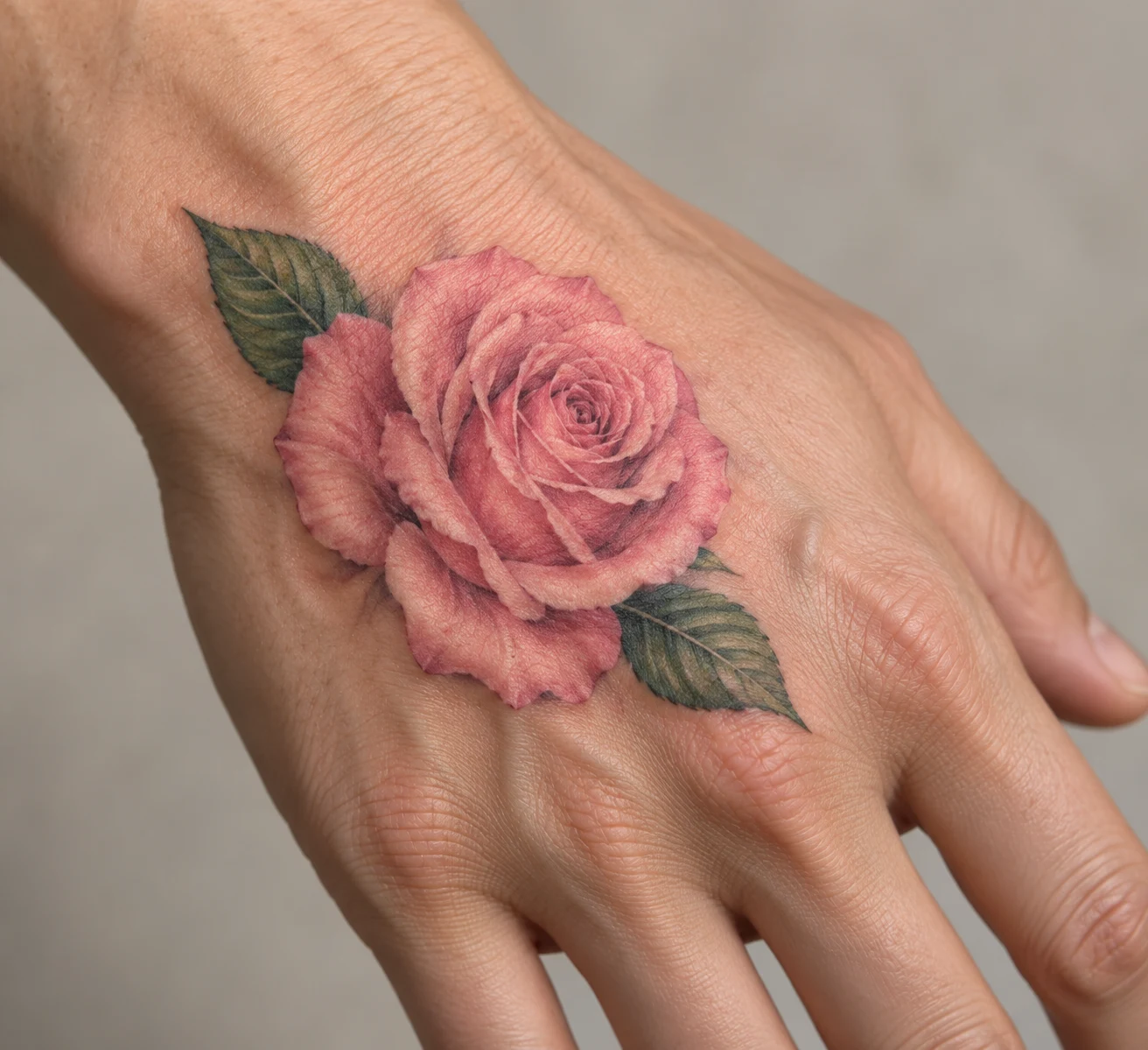 Pink rose tattoo with softly shaded petals and two green leaves on the back of a hand.