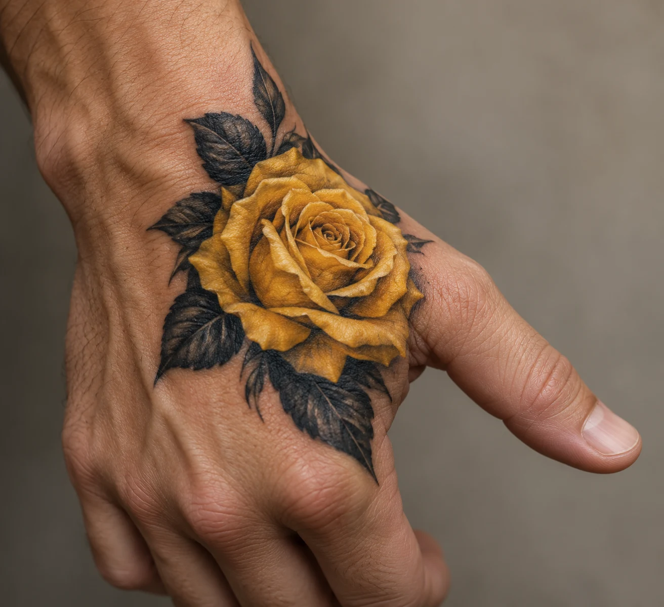 Yellow rose tattoo with dark shaded leaves positioned near the thumb on the back of a hand.