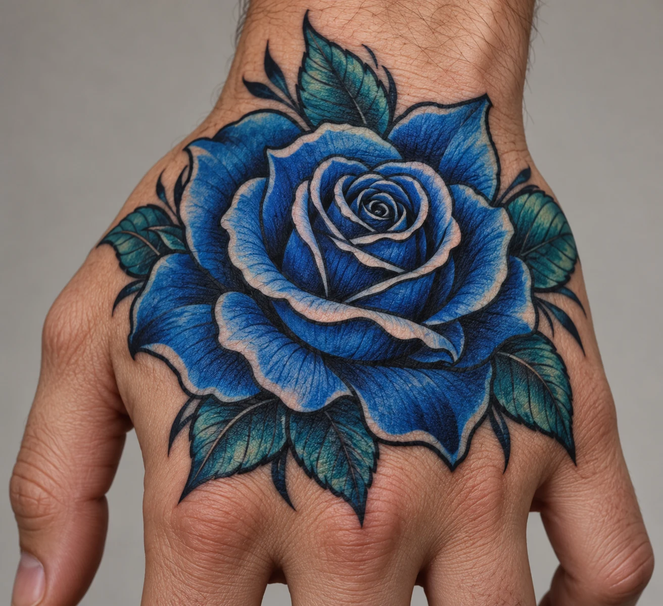 Stylized blue rose tattoo with teal leaves and dark outlines on the back of a hand.