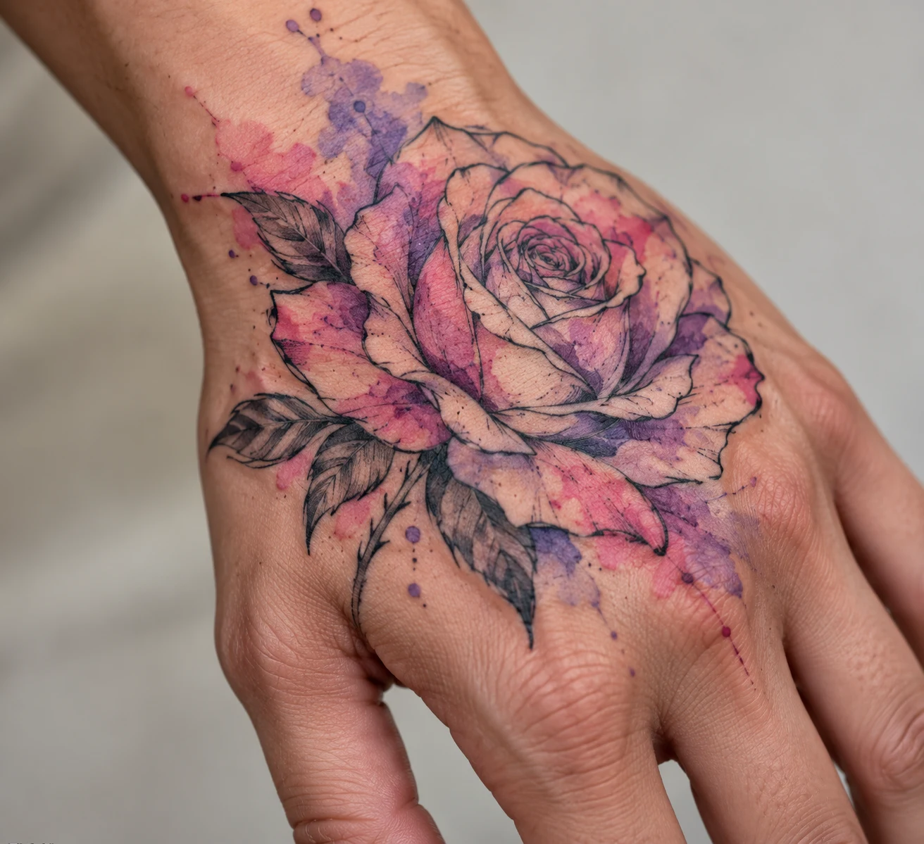 Black outlined rose tattoo with pink and violet watercolor-style washes on the back of a hand.