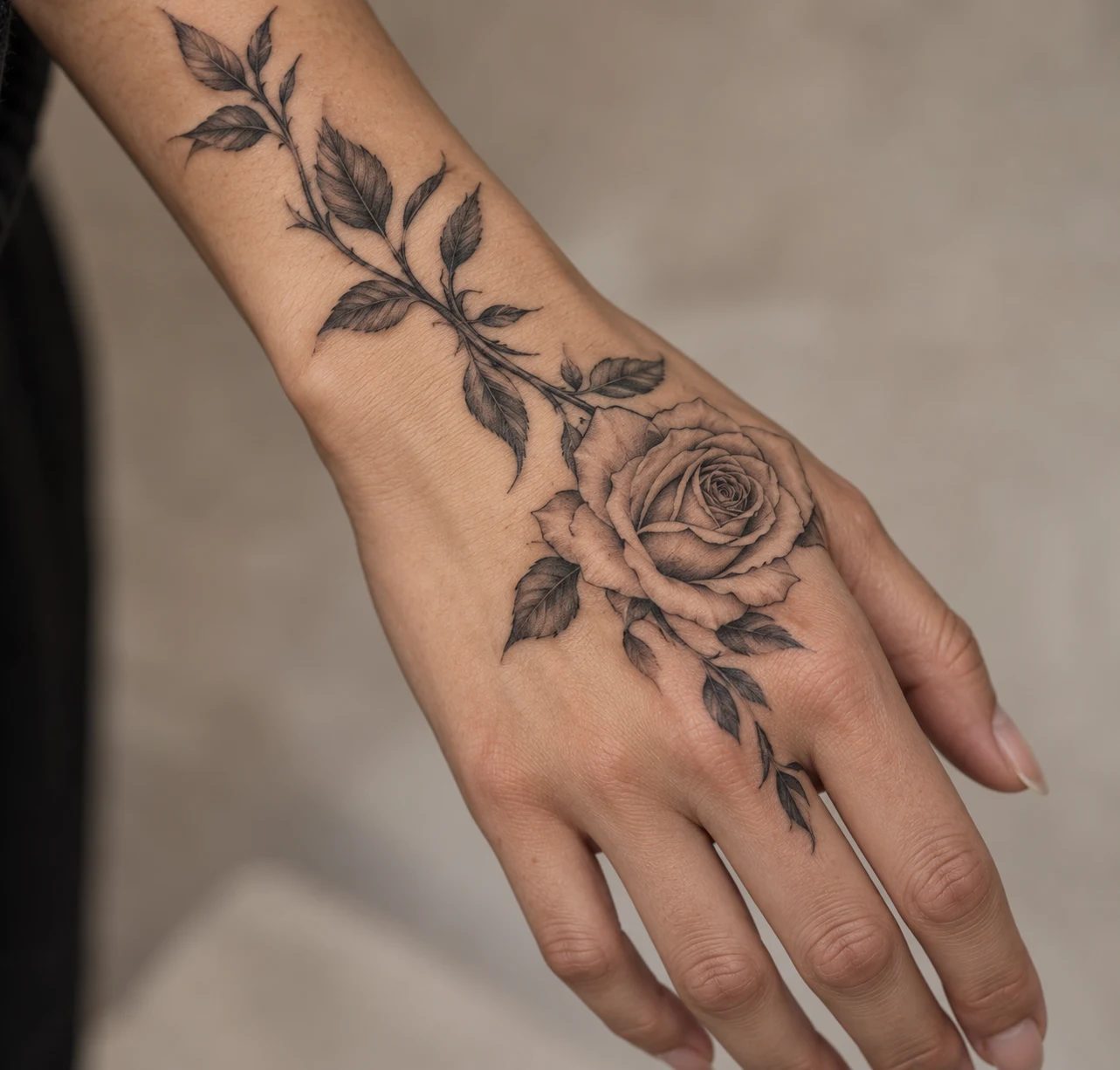 Rose tattoo with a long leafy stem extending from the wrist onto the back of a hand.
