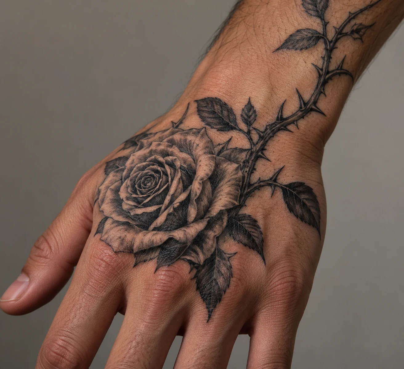 Black rose tattoo below the knuckles with a thorn branch extending across the back of a hand.