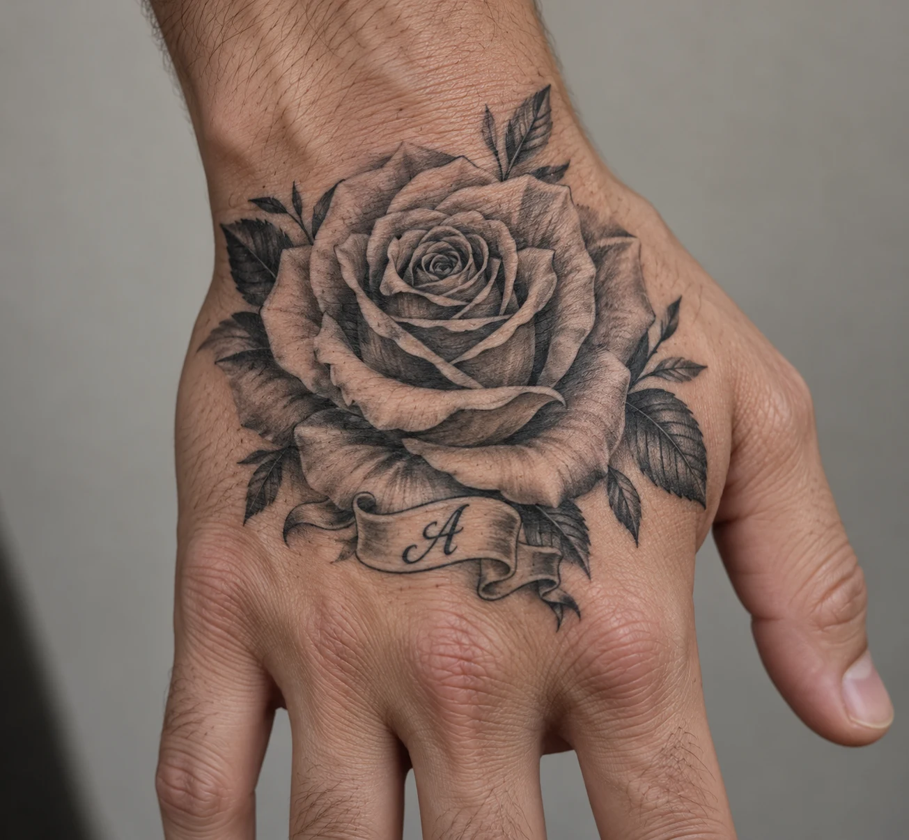 Shaded rose tattoo with a small initial ribbon beneath the bloom on the back of a hand.